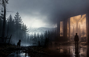 Humble Bundle : le pack de huit jeux d’horreur sur Steam à petit prix, avec Blair Witch et The Medium Une personne debout devant une ruine faisant face à un monde sombre et mystérieux avec un chien dans une forêt brumeuse.