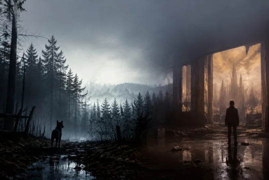 Une personne debout devant une ruine faisant face à un monde sombre et mystérieux avec un chien dans une forêt brumeuse.