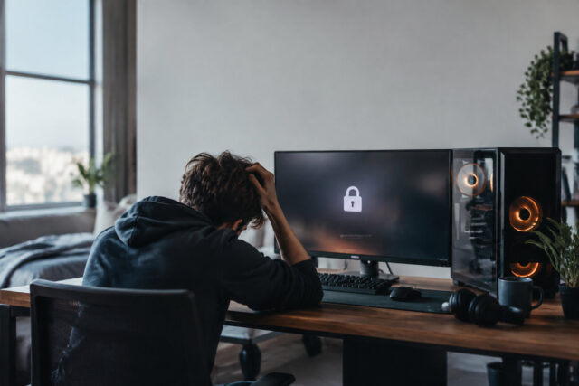 Un étudiant assis à son bureau, la tête dans les mains, face à un écran de PC gamer affichant une icône de cadenas.