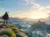 Link contemple un paysage épique et vaste au coucher du soleil, avec un château au loin et une montagne volcanique.