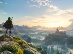 Quel nouveau Zelda pour le lancement de la Switch 2 ? Link contemple un paysage épique et vaste au coucher du soleil, avec un château au loin et une montagne volcanique.