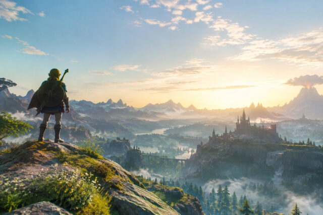 Quel futur pour Zelda sur Switch 2 ? Link contemple un paysage épique et vaste au coucher du soleil, avec un château au loin et une montagne volcanique.