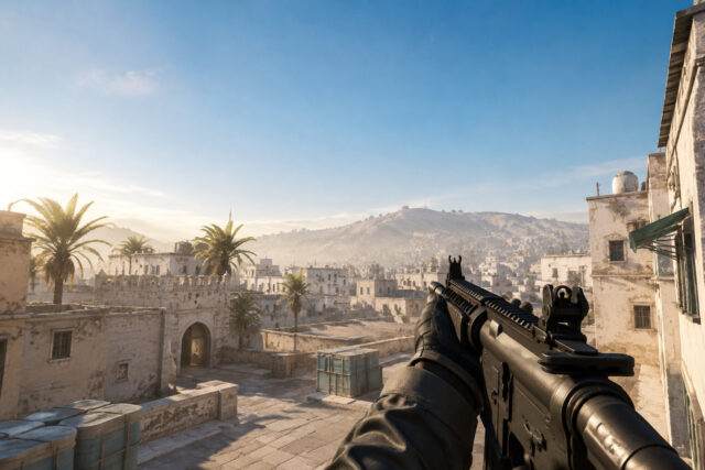 Vue à la première personne dans Counter-Strike 2, montrant une arme et une architecture urbaine de style désertique.