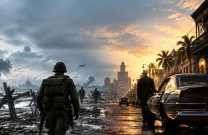 Call of Duty : WWII et Mafia III gratuits sur le PS Store Montage juxtaposant un soldat sur une plage de guerre et un homme en costume près d'une voiture vintage.