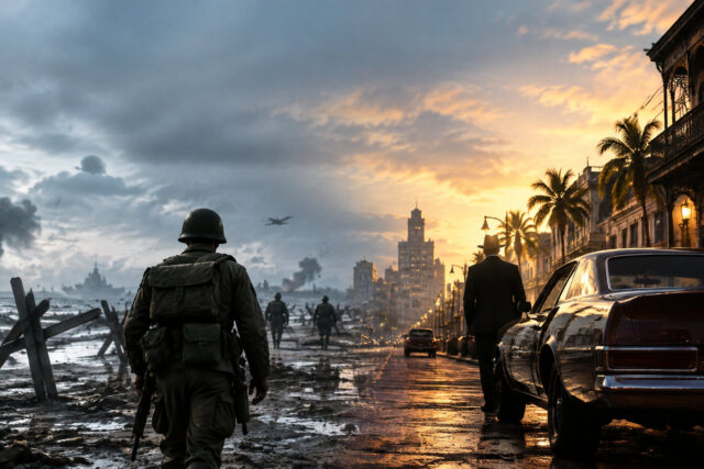 Call of Duty WWII et Mafia III sur le PS Store Montage juxtaposant un soldat sur une plage de guerre et un homme en costume près d'une voiture vintage.