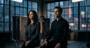 Un homme et une femme assis sur des tabourets dans un studio de tournage avec une vue urbaine en arrière-plan.