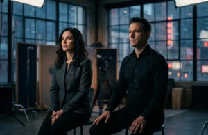Film GTA 6 : quels acteurs pour jouer Lucia et Jason à l’écran ? Un homme et une femme assis sur des tabourets dans un studio de tournage avec une vue urbaine en arrière-plan.