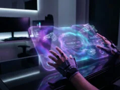 Quels seront les jeux de lancement de la PlayStation 6 ? Un joueur portant des gants haptiques interagit avec une interface holographique futuriste affichant "PRESS START".