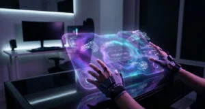 Un joueur portant des gants haptiques interagit avec une interface holographique futuriste affichant "PRESS START".