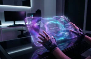 Quels seront les jeux de lancement de la PlayStation 6 ? Un joueur portant des gants haptiques interagit avec une interface holographique futuriste affichant "PRESS START".