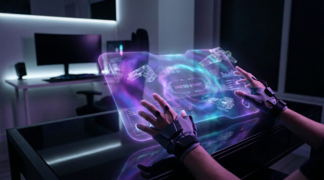 Le futur du jeu vidéo sur PlayStation 6 Un joueur portant des gants haptiques interagit avec une interface holographique futuriste affichant "PRESS START".