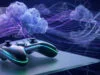 Manette de jeu futuriste sur une surface en verre avec des nuages numériques et des flèches symbolisant le cloud gaming.