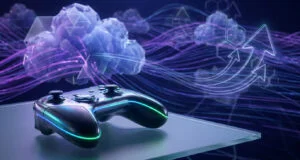 Manette de jeu futuriste sur une surface en verre avec des nuages numériques et des flèches symbolisant le cloud gaming.