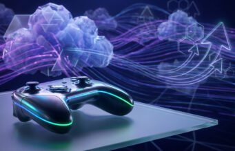 Manette de jeu futuriste sur une surface en verre avec des nuages numériques et des flèches symbolisant le cloud gaming.