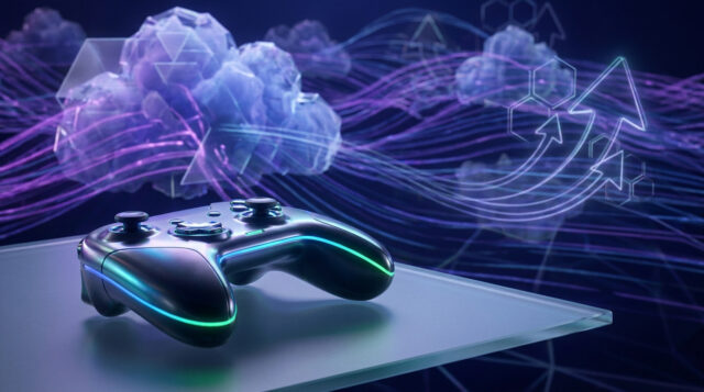 Manette de jeu futuriste sur une surface en verre avec des nuages numériques et des flèches symbolisant le cloud gaming.
