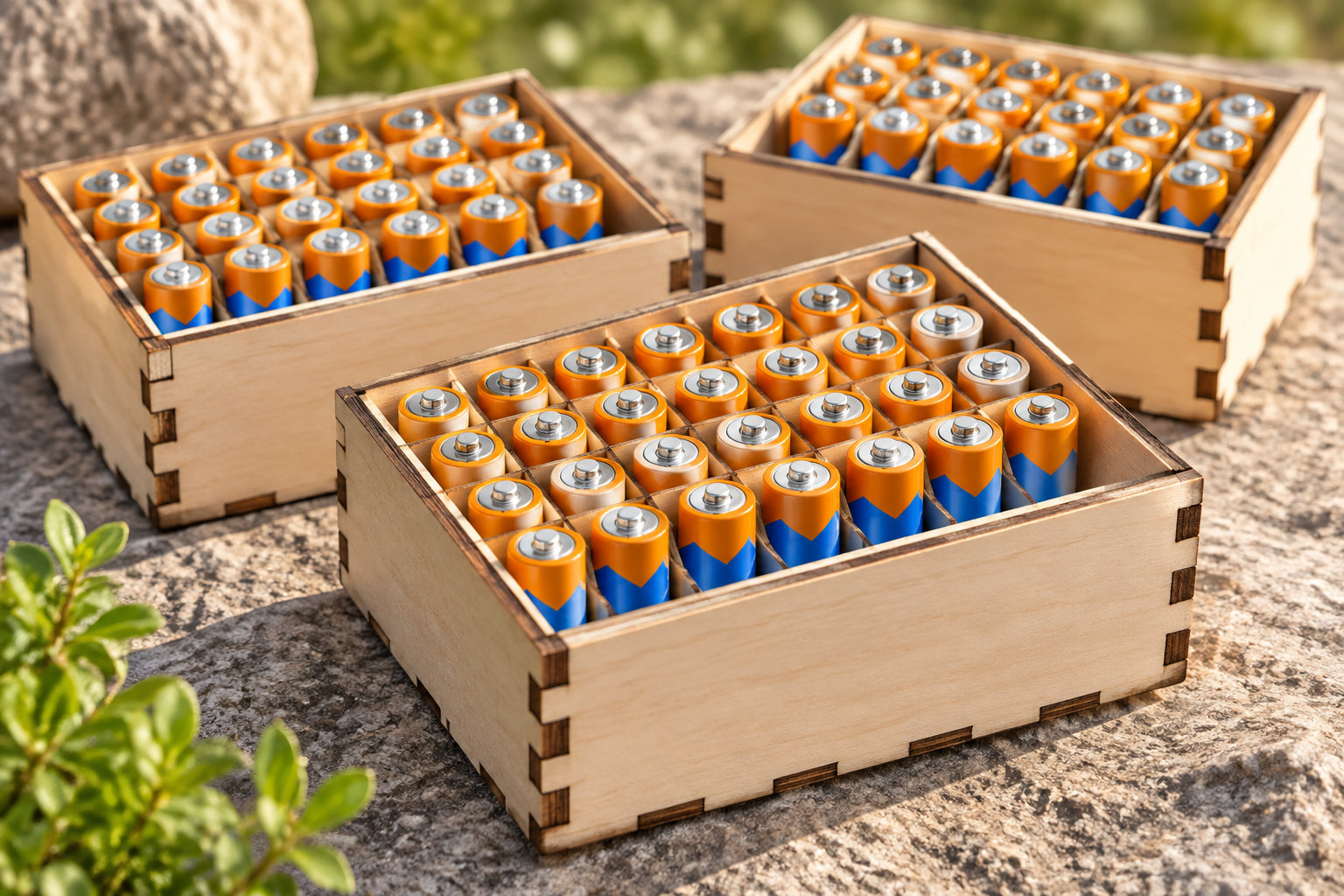 Trois caisses en bois ouvertes, remplies de piles orange et bleues, sont posées sur une surface de pierre en extérieur.