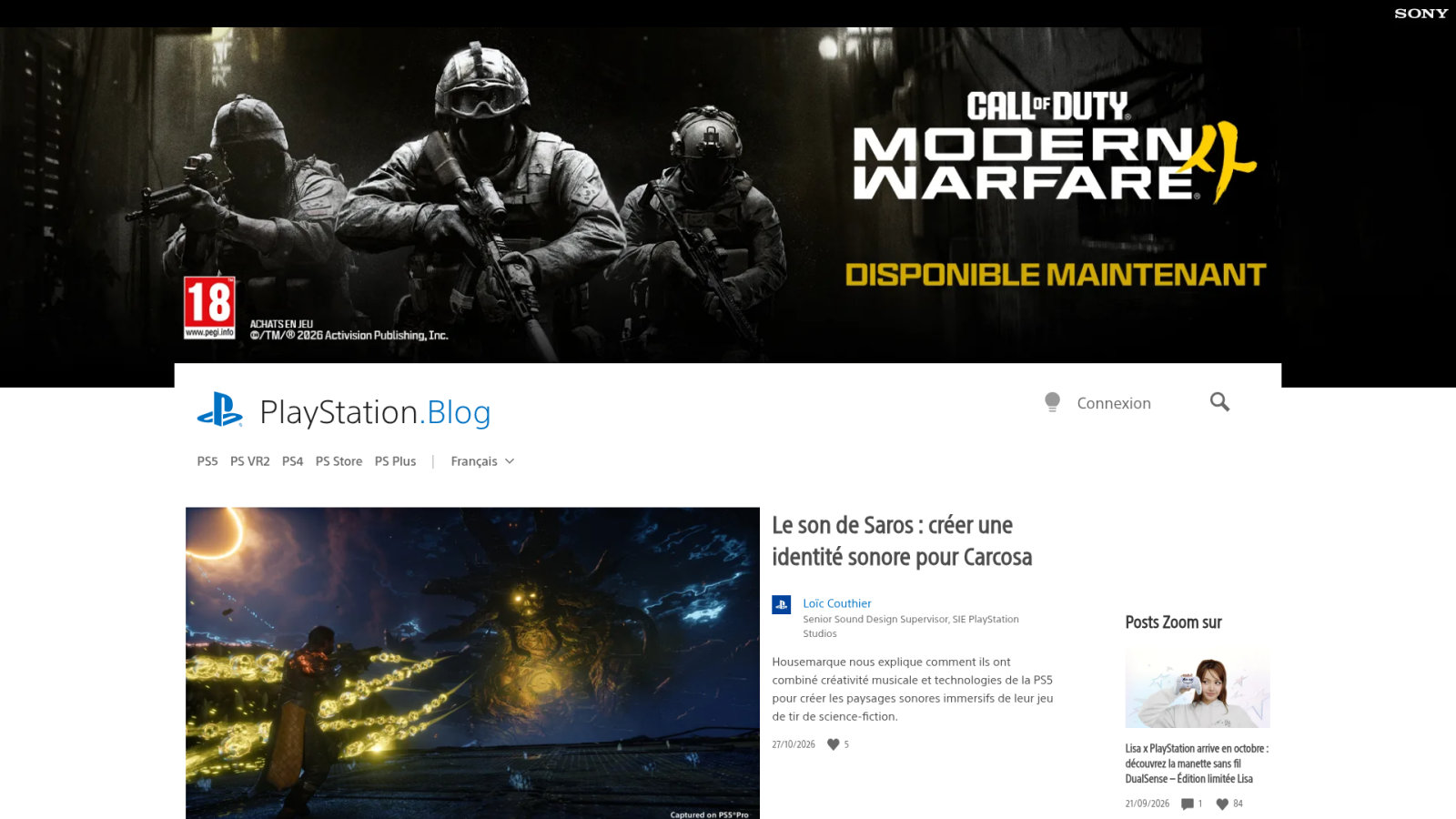 Capture d’une page PlayStation Blog en français, avec une bannière Call of Duty en haut et un article illustré par une scène nocturne avec des lumières dorées.