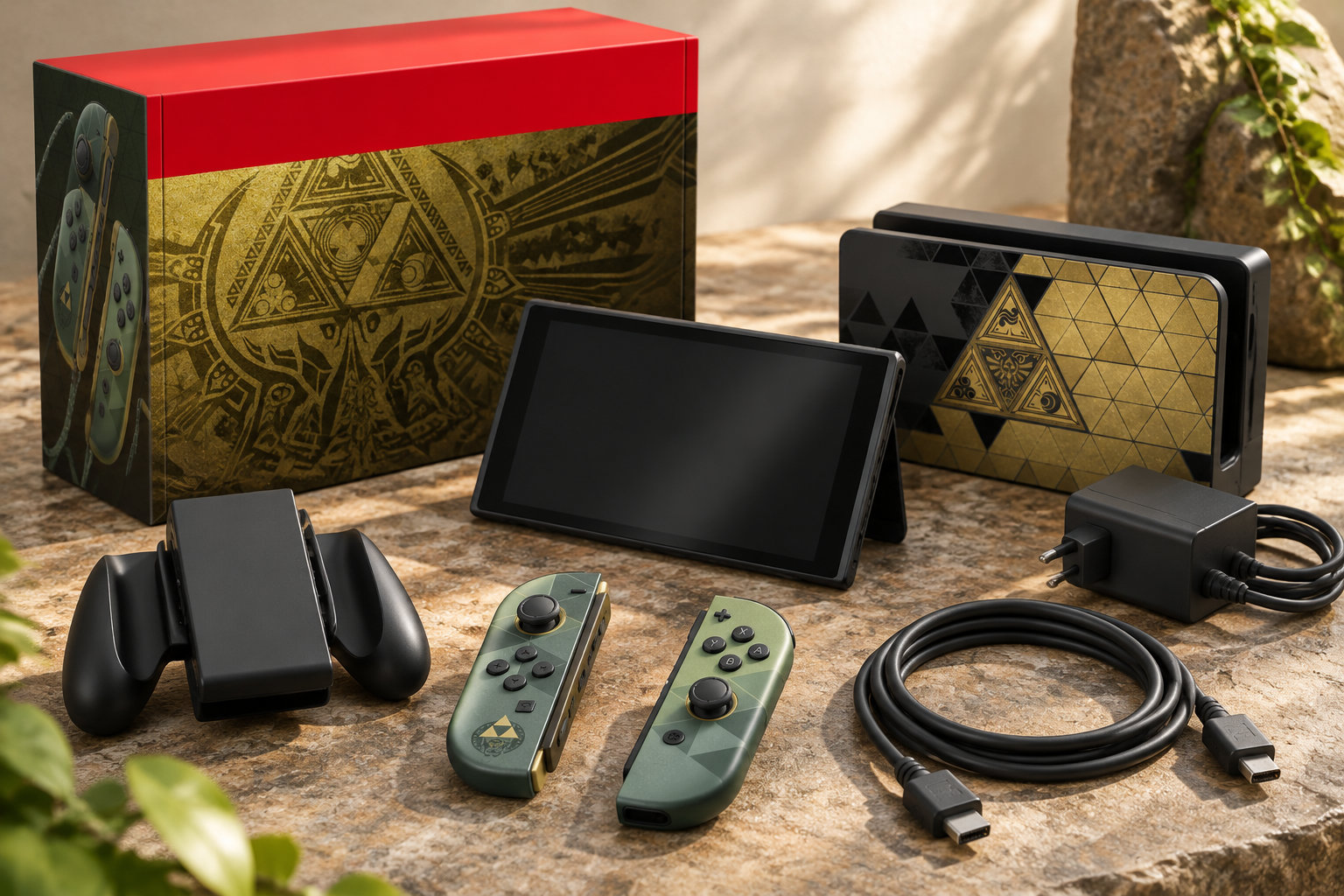 Une console portable, deux manettes vertes, un support, un chargeur et un câble sont disposés devant une boîte décorée de motifs géométriques.