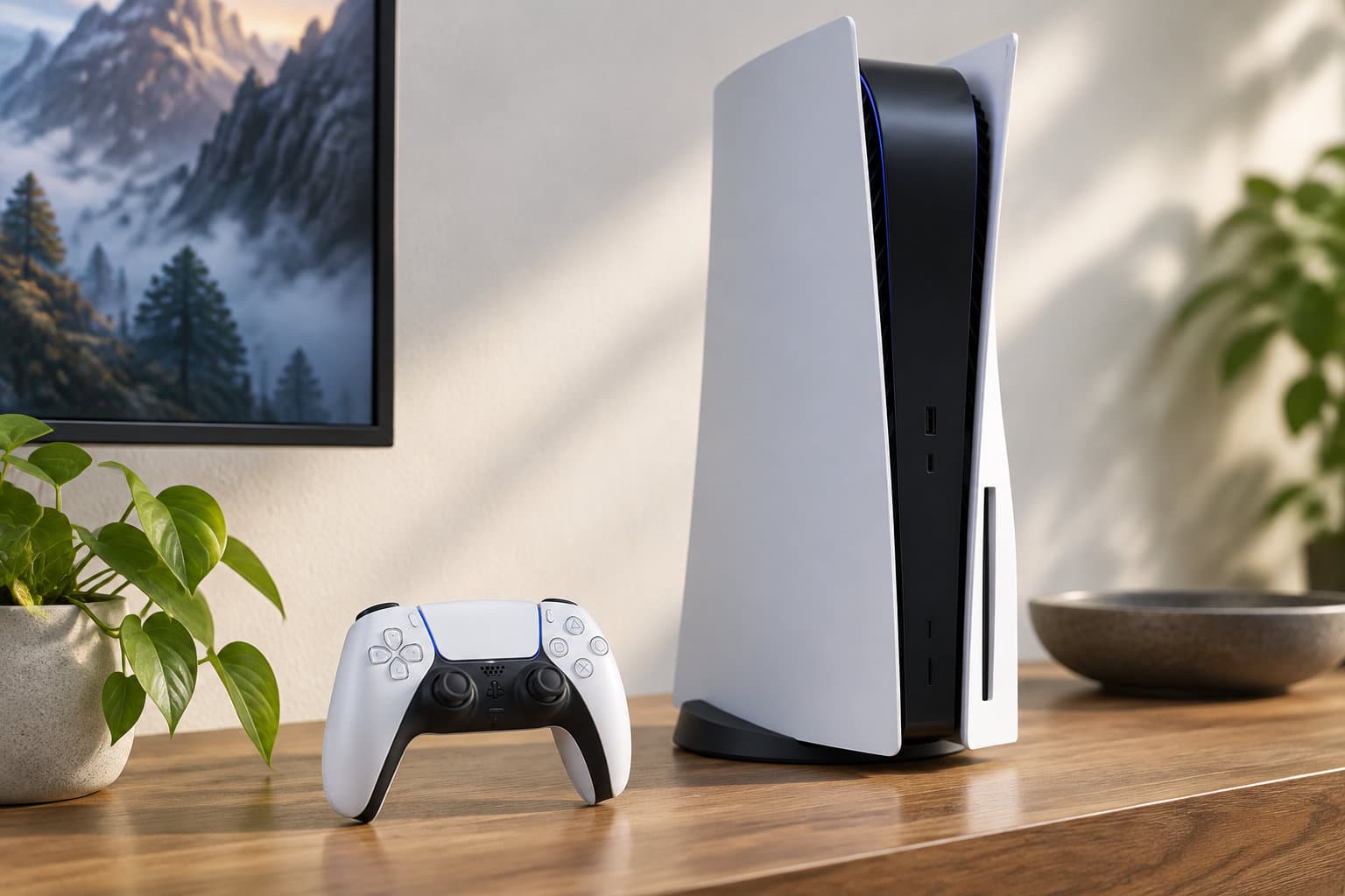 Une console de jeu blanche et noire et une manette sont posées sur un meuble en bois, près d’une plante et d’un téléviseur affichant un paysage montagneux.