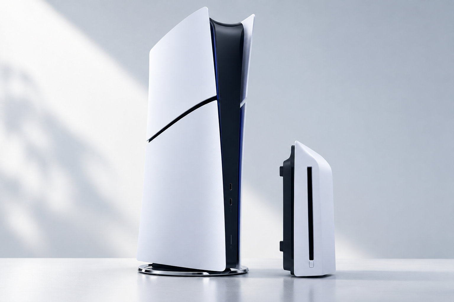 Deux consoles de jeu blanches et noires sont posées à la verticale sur une surface claire.