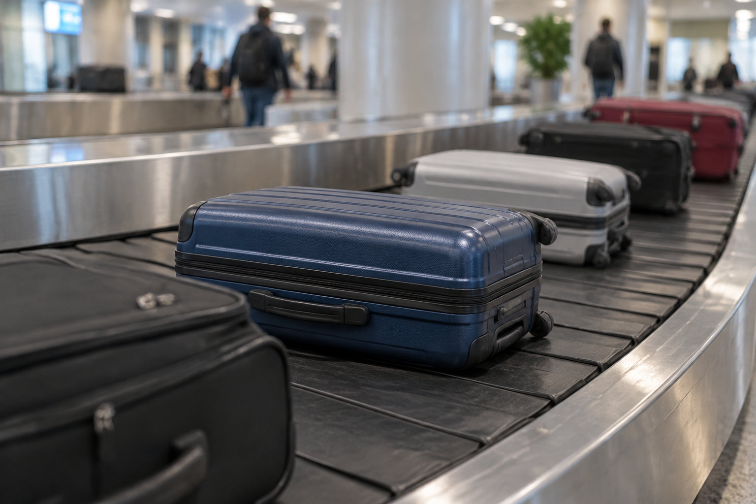 Plusieurs valises de couleurs différentes avancent sur un tapis à bagages dans un aéroport.