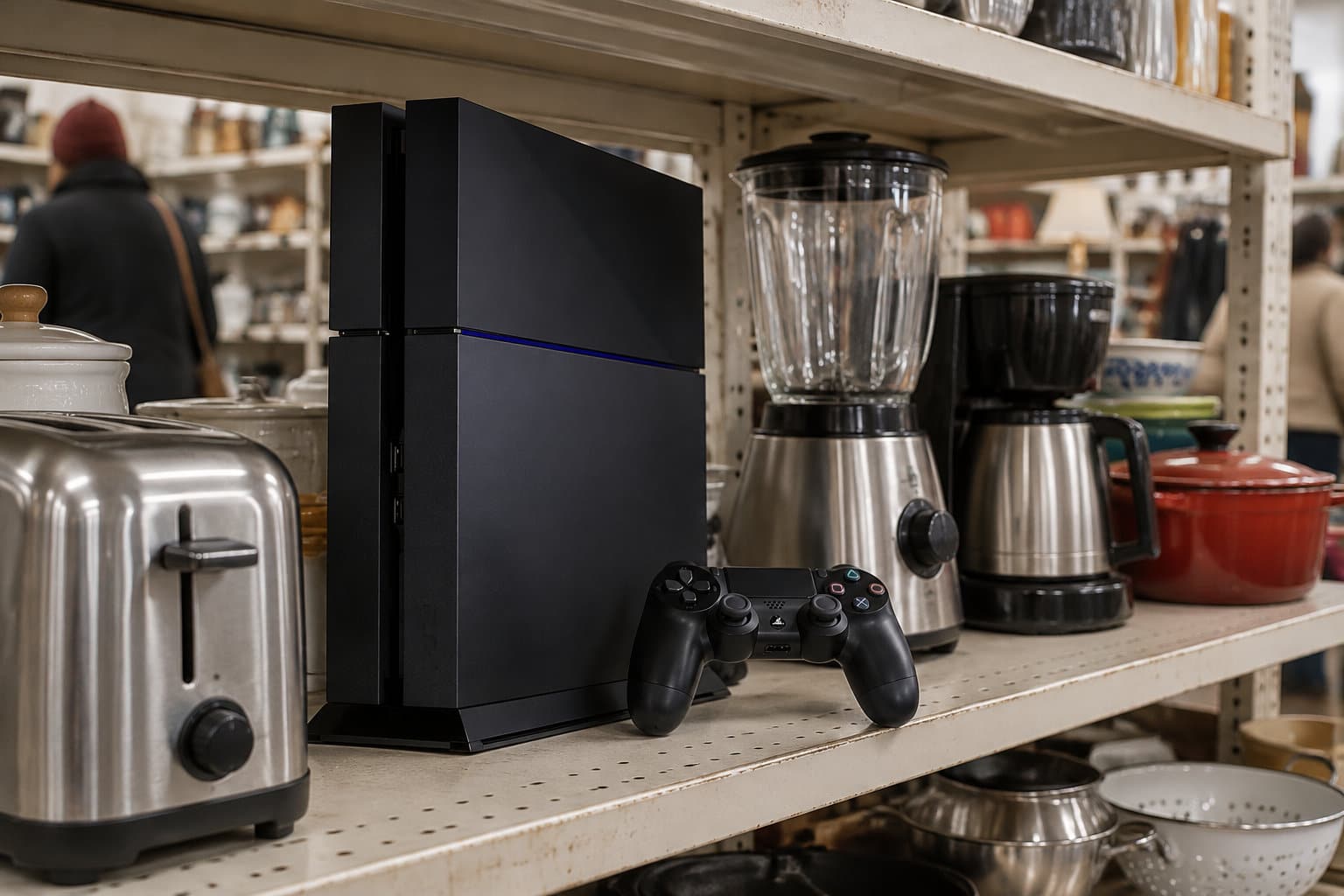 Une console de jeu noire et sa manette sont posées sur une étagère parmi des grille-pain, des mixeurs, des casseroles et des bols.