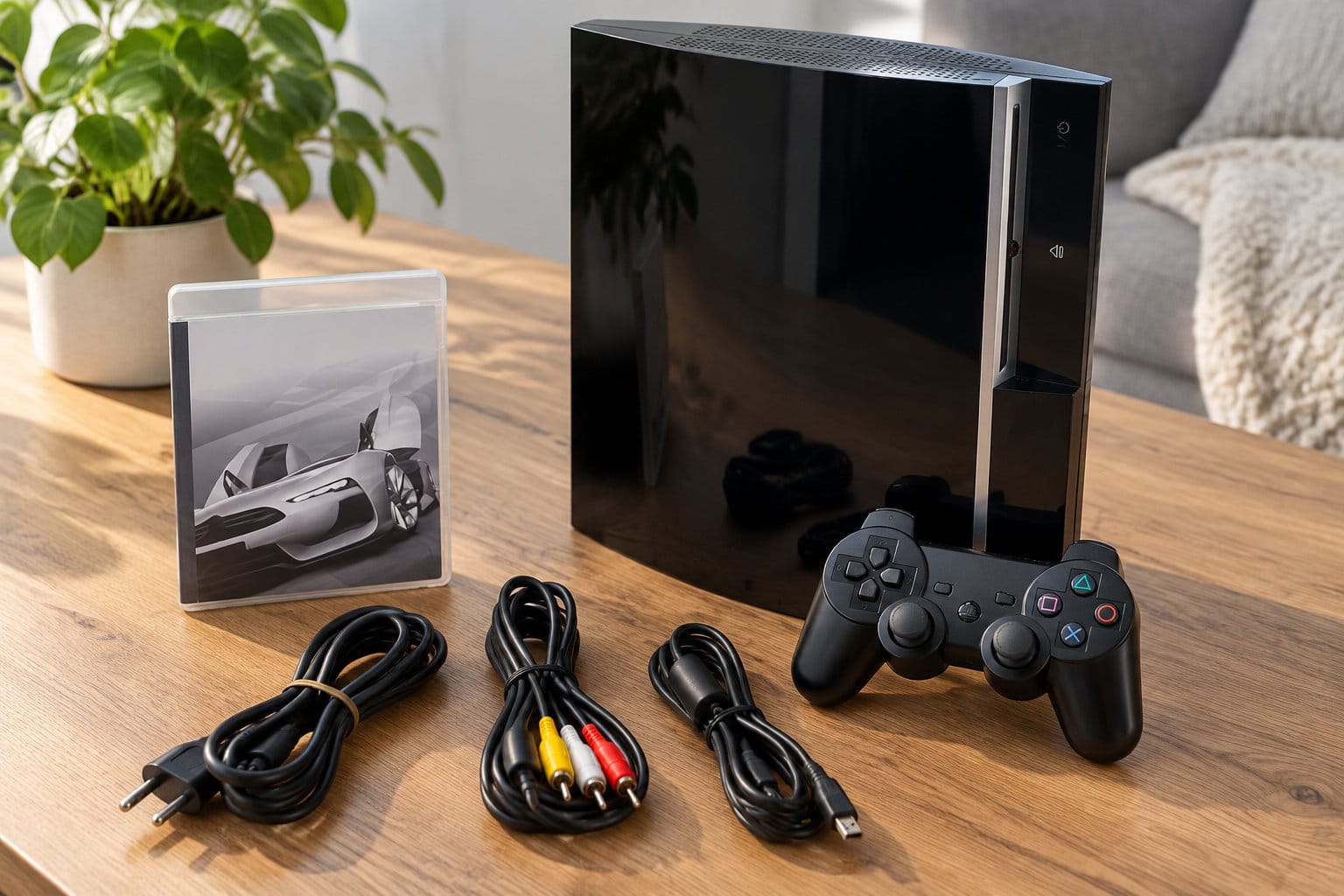 Une console de jeux noire, une manette, un boîtier de jeu et plusieurs câbles sont posés sur une table en bois, près d’une plante.