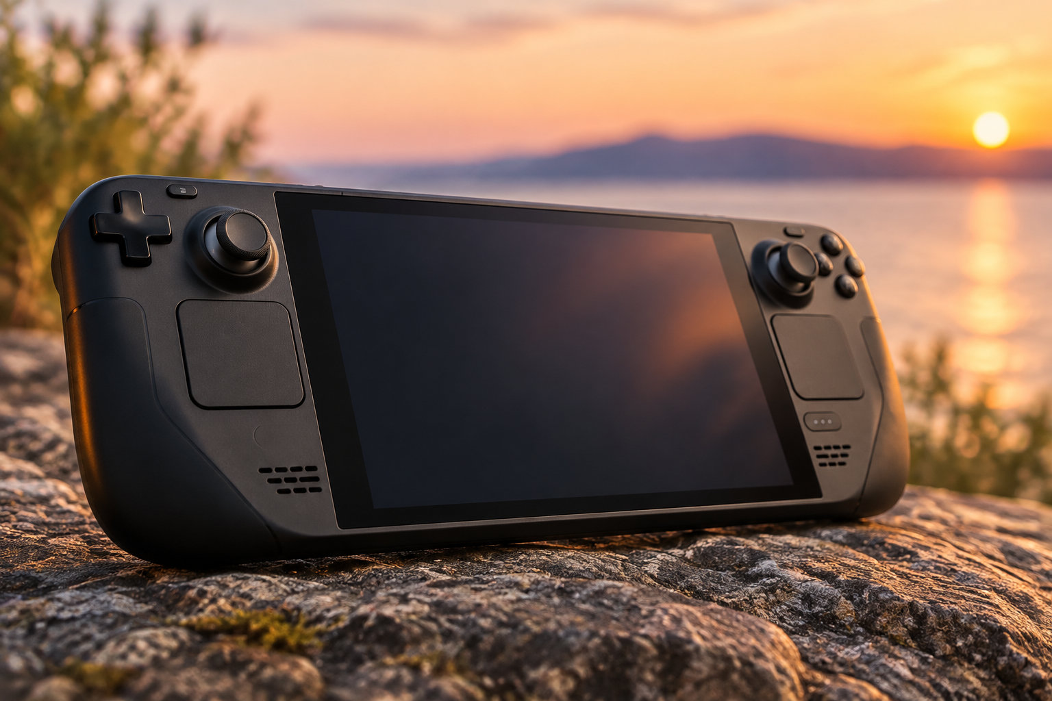 Une console de jeu portable noire repose sur un rocher devant un lac au coucher du soleil.