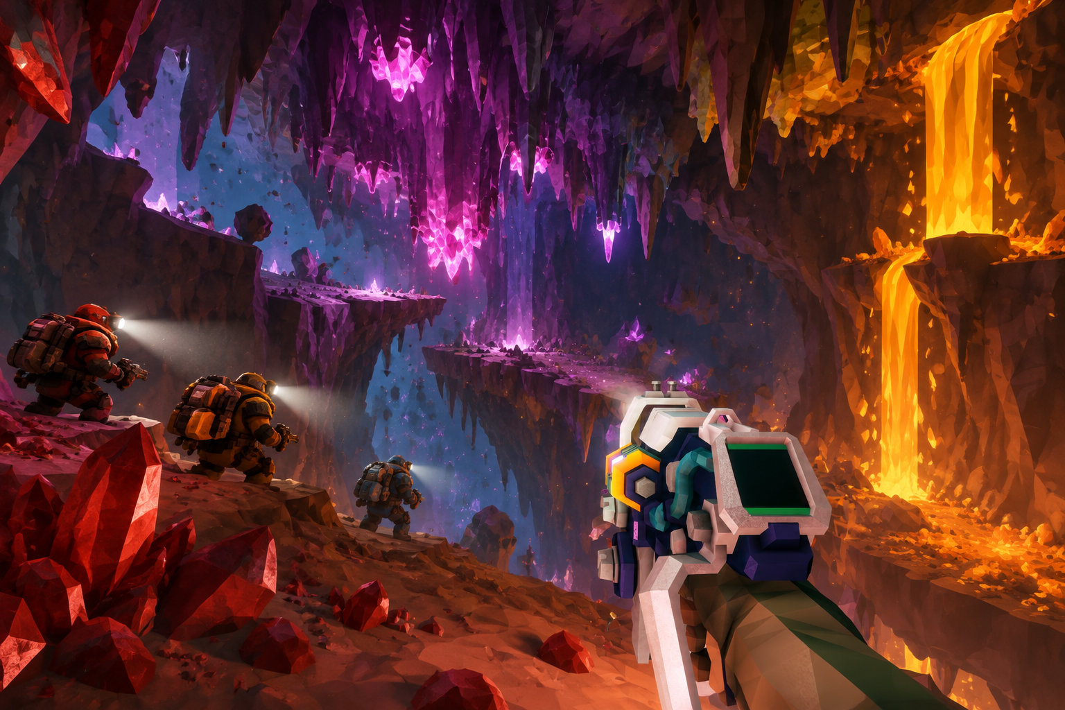 Des explorateurs armés avancent dans une grotte aux cristaux rouges et violets, tandis qu’une cascade de lave illumine la paroi à droite.