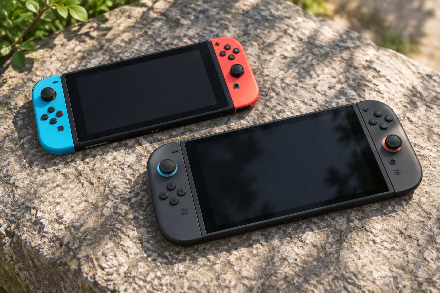 Deux consoles de jeu portables, l’une avec des manettes bleue et rouge et l’autre noire, sont posées sur un rocher.
