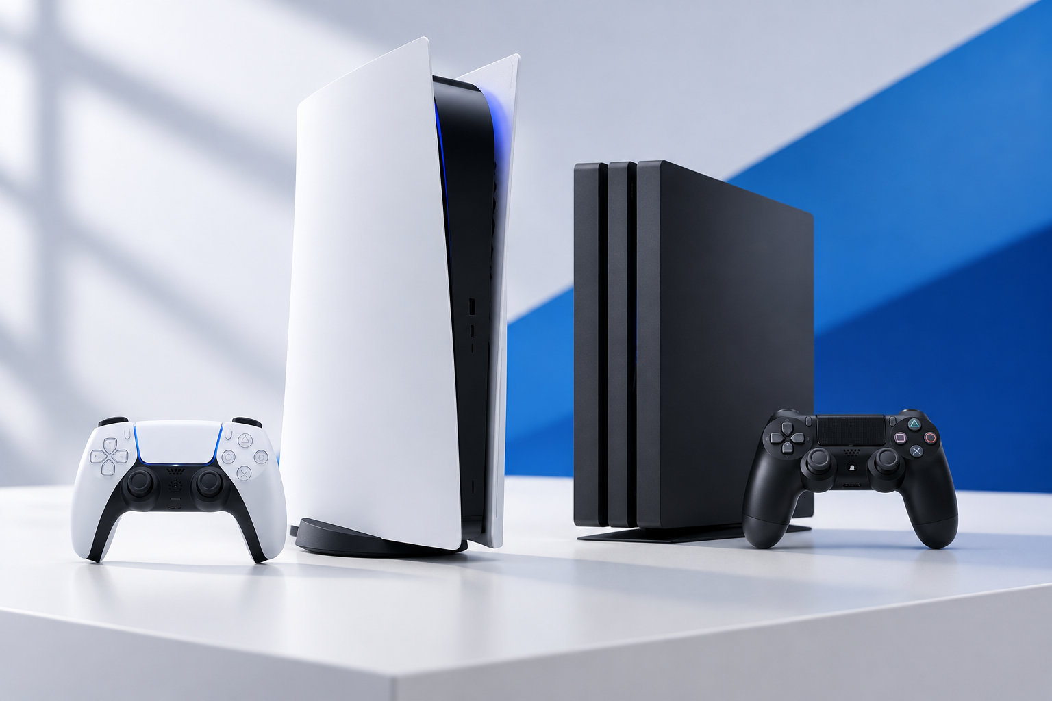 Deux consoles de jeu, l’une blanche et verticale et l’autre noire, sont posées sur une table avec une manette assortie devant chacune.