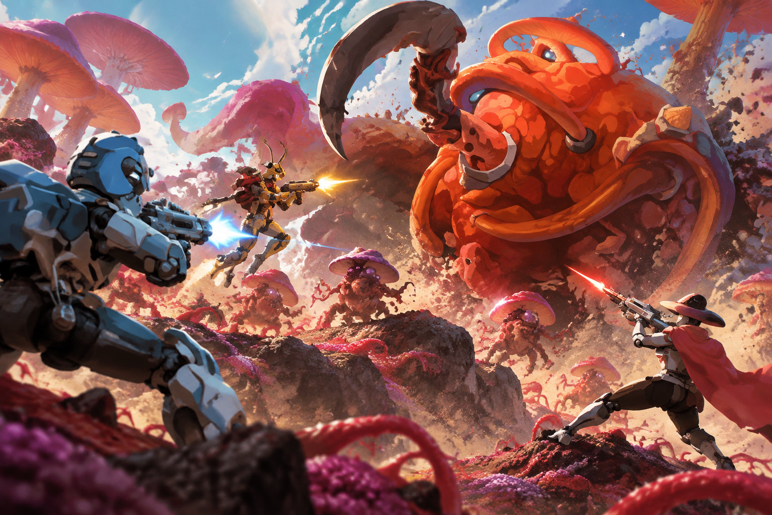 Des personnages armés, dont des robots et des combattants en chapeau, affrontent un gigantesque monstre rouge dans un paysage rocheux couvert de champignons géants.
