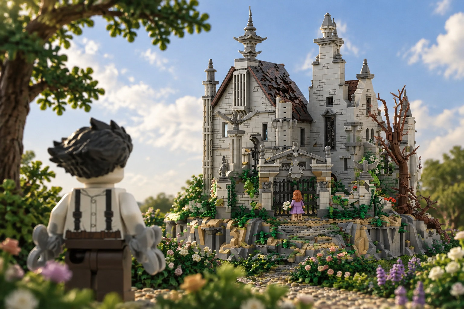 Deux figurines en briques regardent un château entouré d’un jardin fleuri.