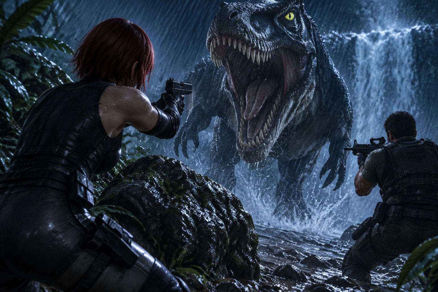 Deux personnes armées font face à un grand dinosaure aux mâchoires ouvertes dans une jungle sous une pluie battante.