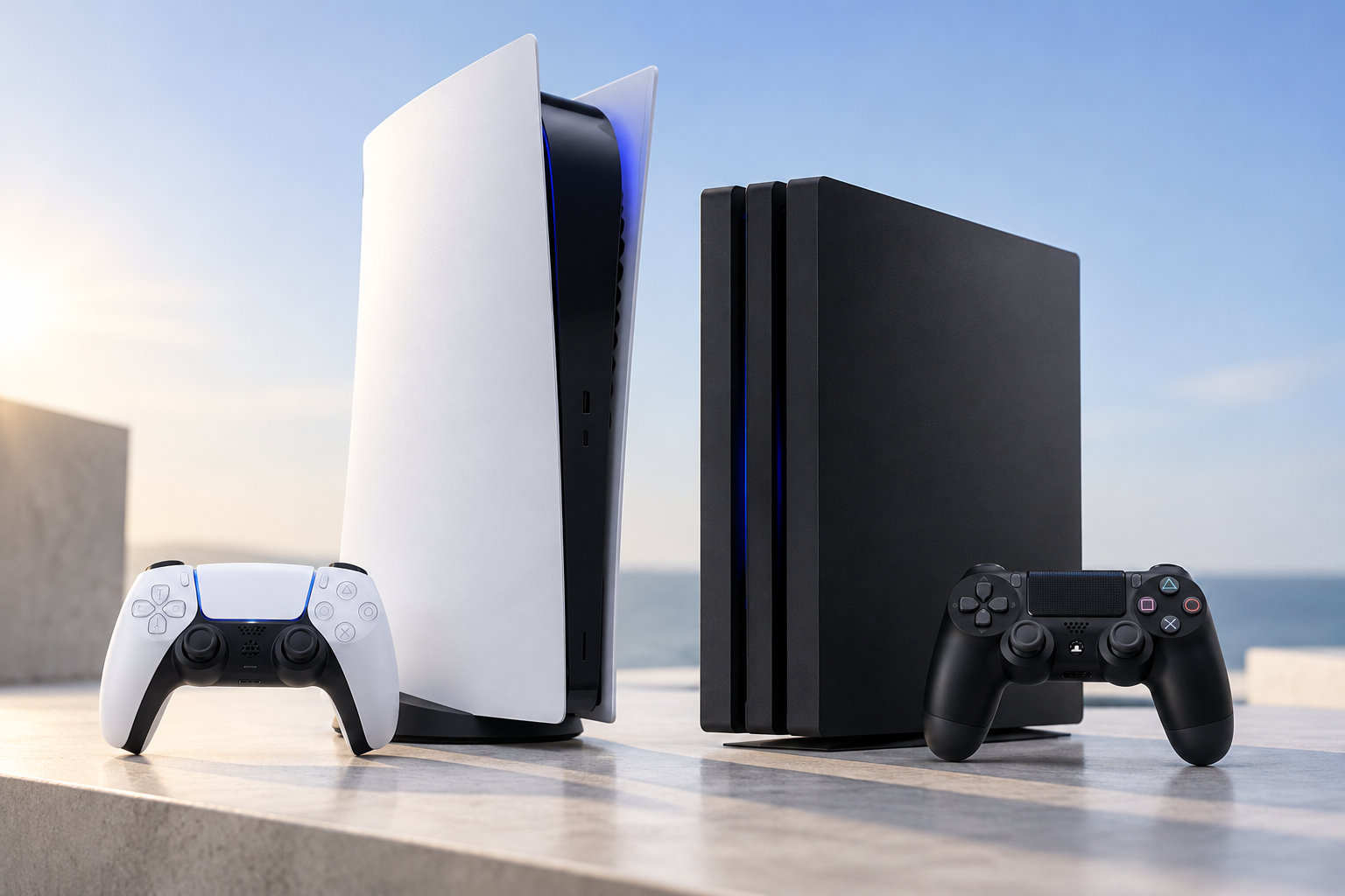 Deux consoles de jeu, l’une blanche et l’autre noire, sont posées côte à côte avec leurs manettes sur une surface claire, devant un décor lumineux.