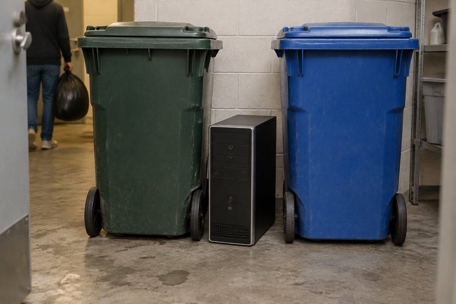 Une tour d’ordinateur est posée entre deux grandes poubelles à roulettes, tandis qu’une personne s’éloigne avec un sac noir.