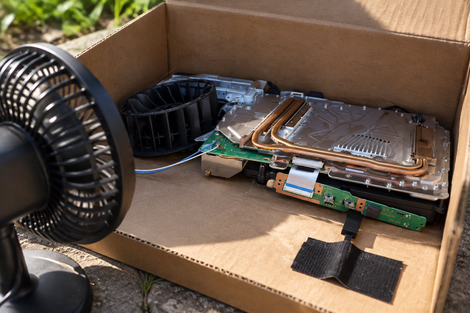 Des composants électroniques, dont une carte et un système de refroidissement, sont déposés dans un carton à côté d’un ventilateur.