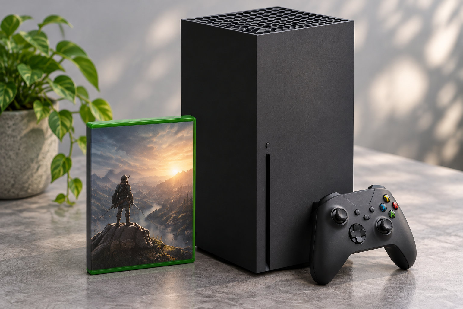 Une console de jeu noire, une manette et une boîte de jeu à jaquette verte sont posées sur une table près d’une plante.