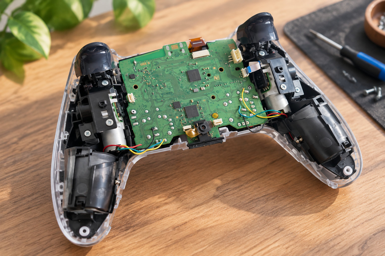 Une manette de jeu ouverte, avec son circuit imprimé et ses composants visibles, repose sur une table en bois près d’un tournevis.