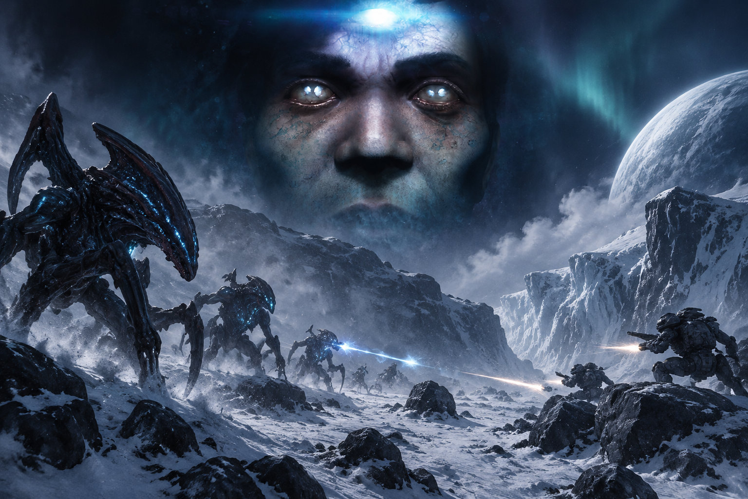 Des soldats affrontent des créatures extraterrestres dans un paysage montagneux enneigé, sous le visage lumineux d’une immense figure spectrale et une planète.