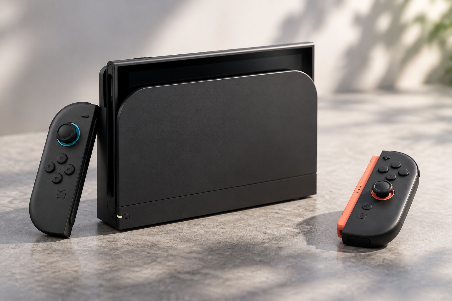 Une console de jeu noire est posée sur une surface en pierre, avec deux manettes détachées de chaque côté.