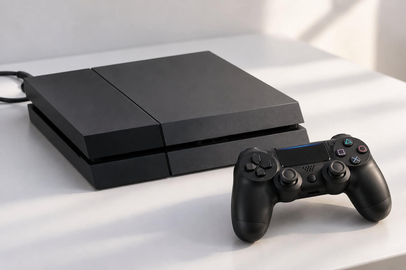 Une console de jeu noire est posée sur une surface claire, avec une manette sans fil devant elle.