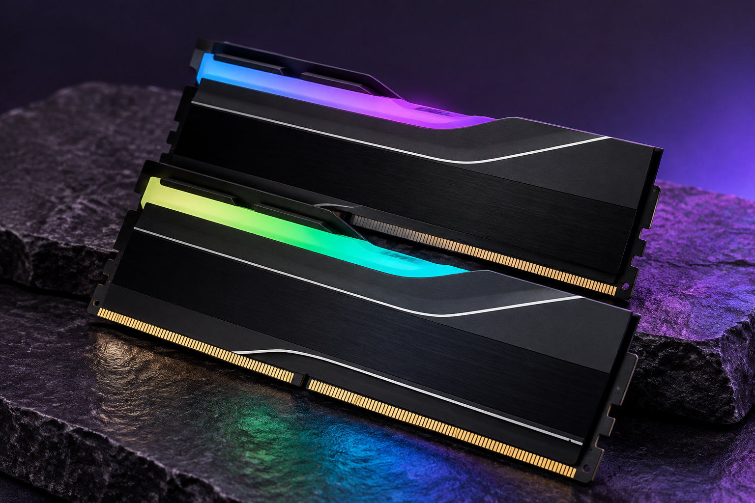 Deux barrettes de mémoire noire aux accents lumineux multicolores sont posées en biais sur une surface de pierre sombre.