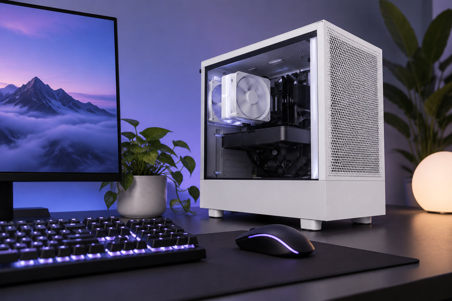 Un ordinateur de bureau blanc avec un boîtier ouvert est posé à côté d’un écran affichant un paysage montagneux, d’un clavier rétroéclairé et d’une souris, sur un bureau décoré de plantes et d’une lampe.