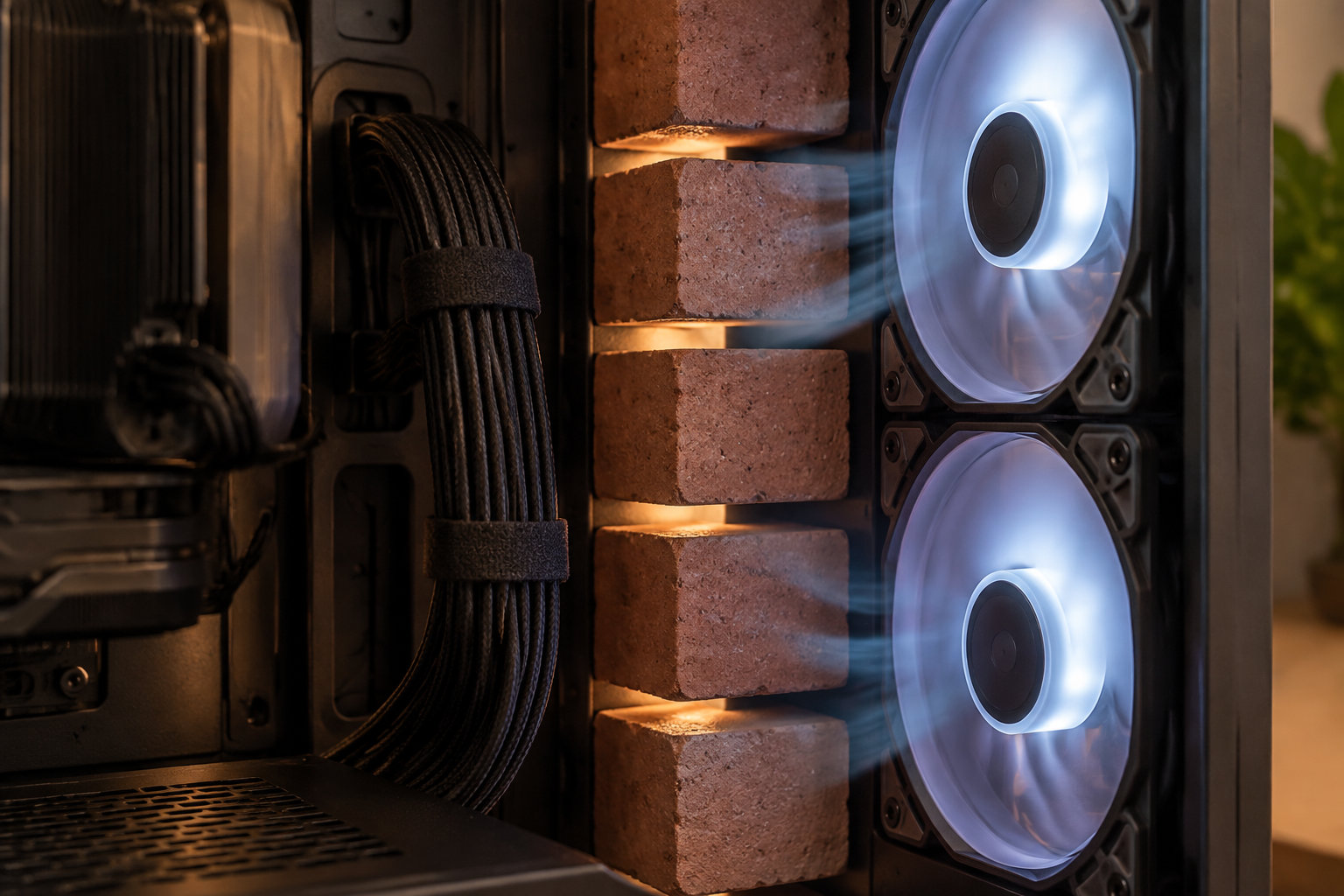 Deux ventilateurs lumineux sont installés dans un ordinateur, à côté de câbles gainés et de blocs de refroidissement.