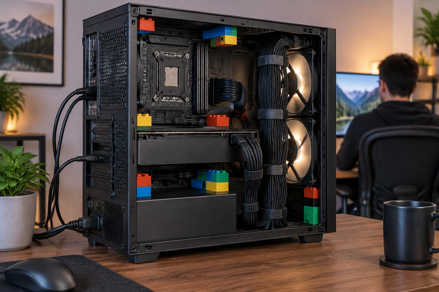Une tour d’ordinateur ouverte, avec des ventilateurs éclairés, des câbles et des blocs colorés, est posée sur un bureau devant une personne assise face à un écran.