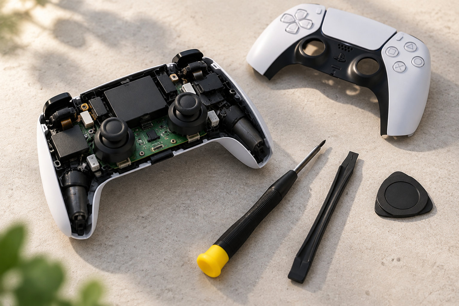Une manette de jeu ouverte, laissant voir ses composants électroniques, est posée avec sa coque, un tournevis et un outil de démontage sur une surface claire.