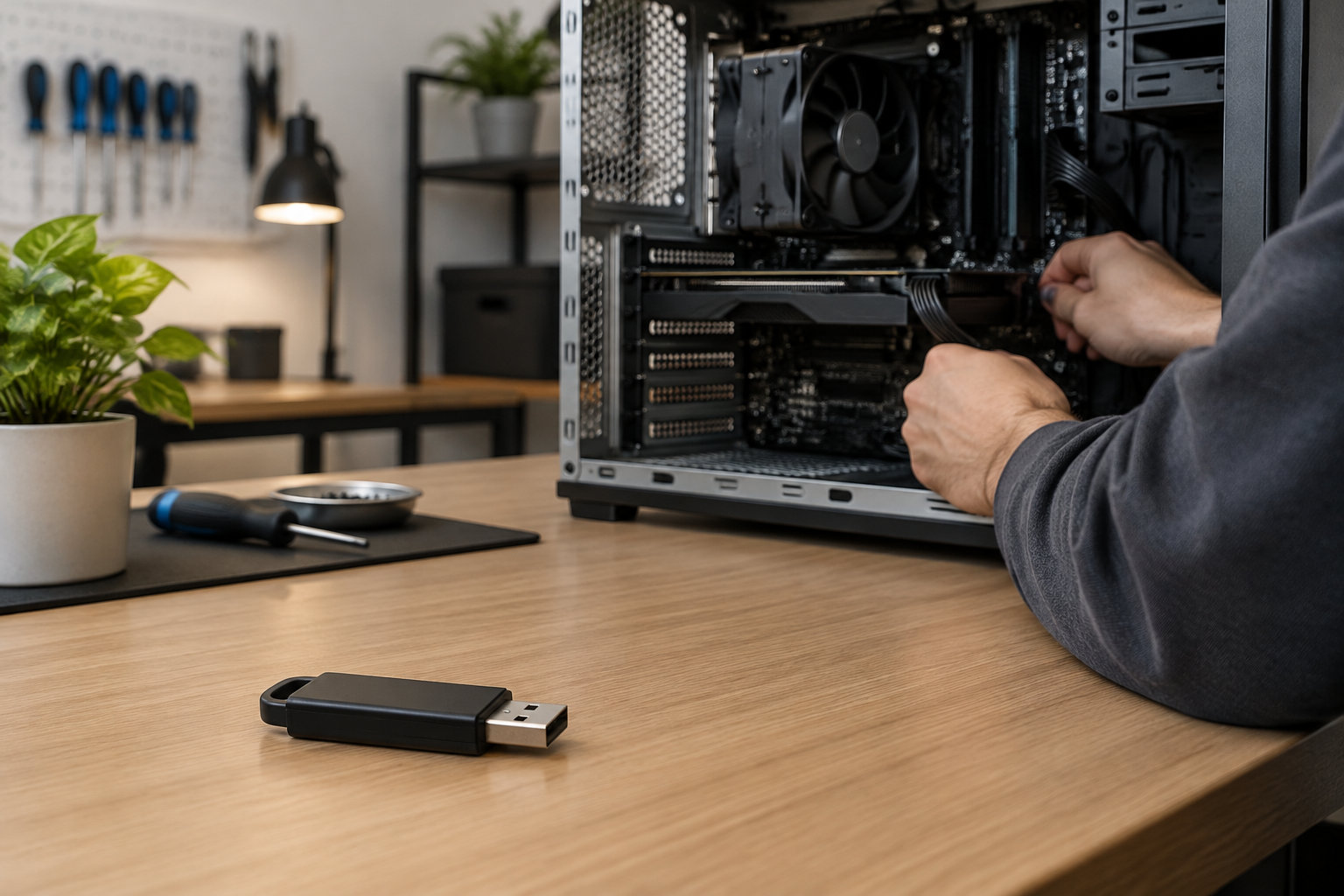 Une personne manipule les composants d’un ordinateur ouvert sur un établi, avec une clé USB, un tournevis et un pot de plante à proximité.