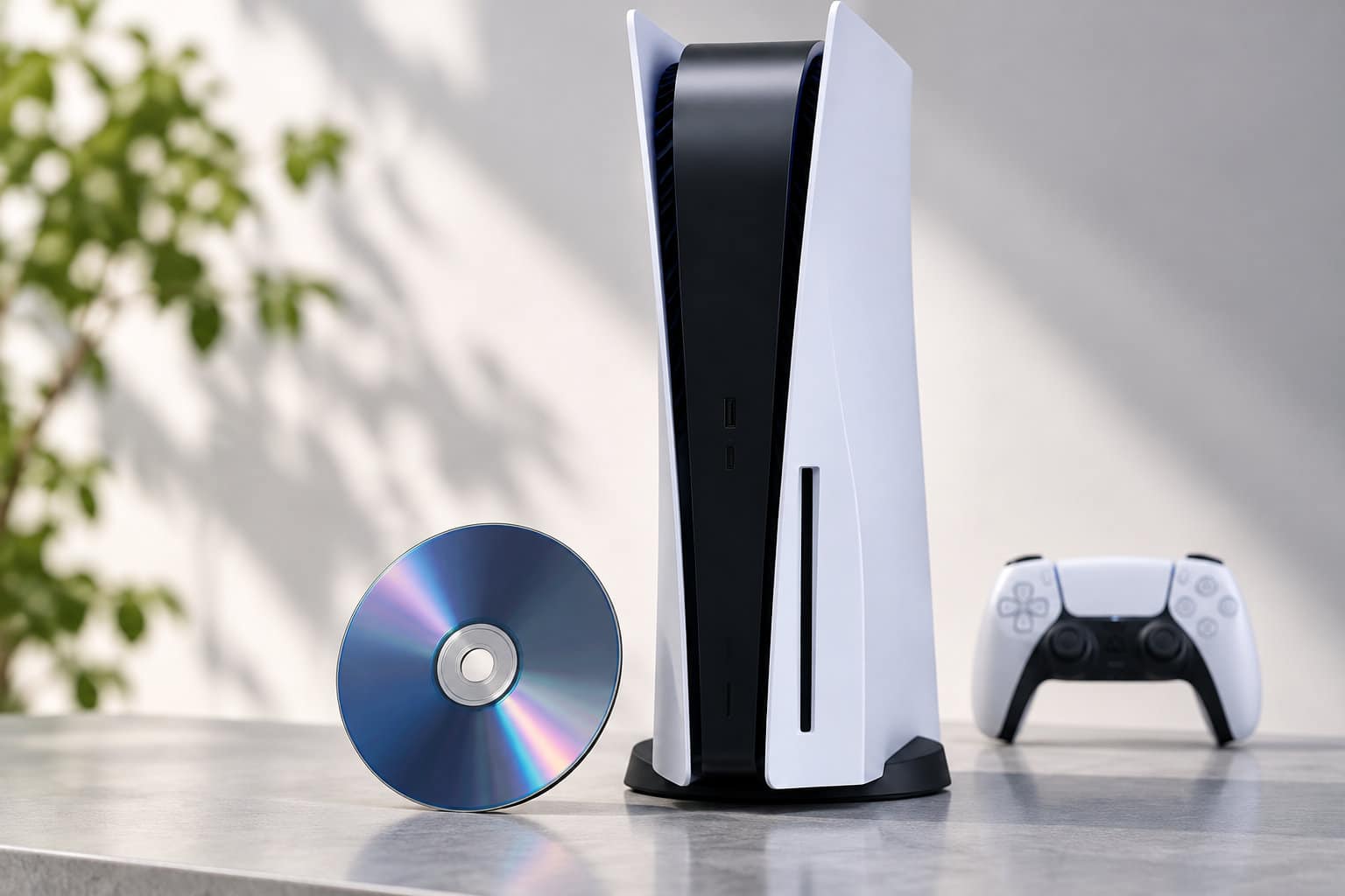 Une console de jeu blanche et noire est posée à la verticale sur une table, avec un disque à côté et une manette à l’arrière.