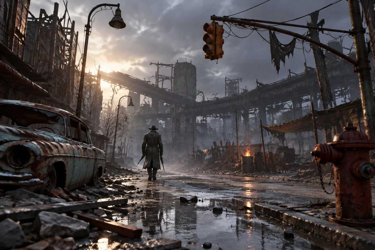 Un personnage en manteau et chapeau marche dans une rue délabrée, bordée d’une voiture rouillée et d’un bâtiment industriel en ruines, sous un ciel sombre.